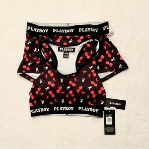 Playboy Bralette & Boyshort Set | Cherry Print | Logo Elastic | Size S - NWT